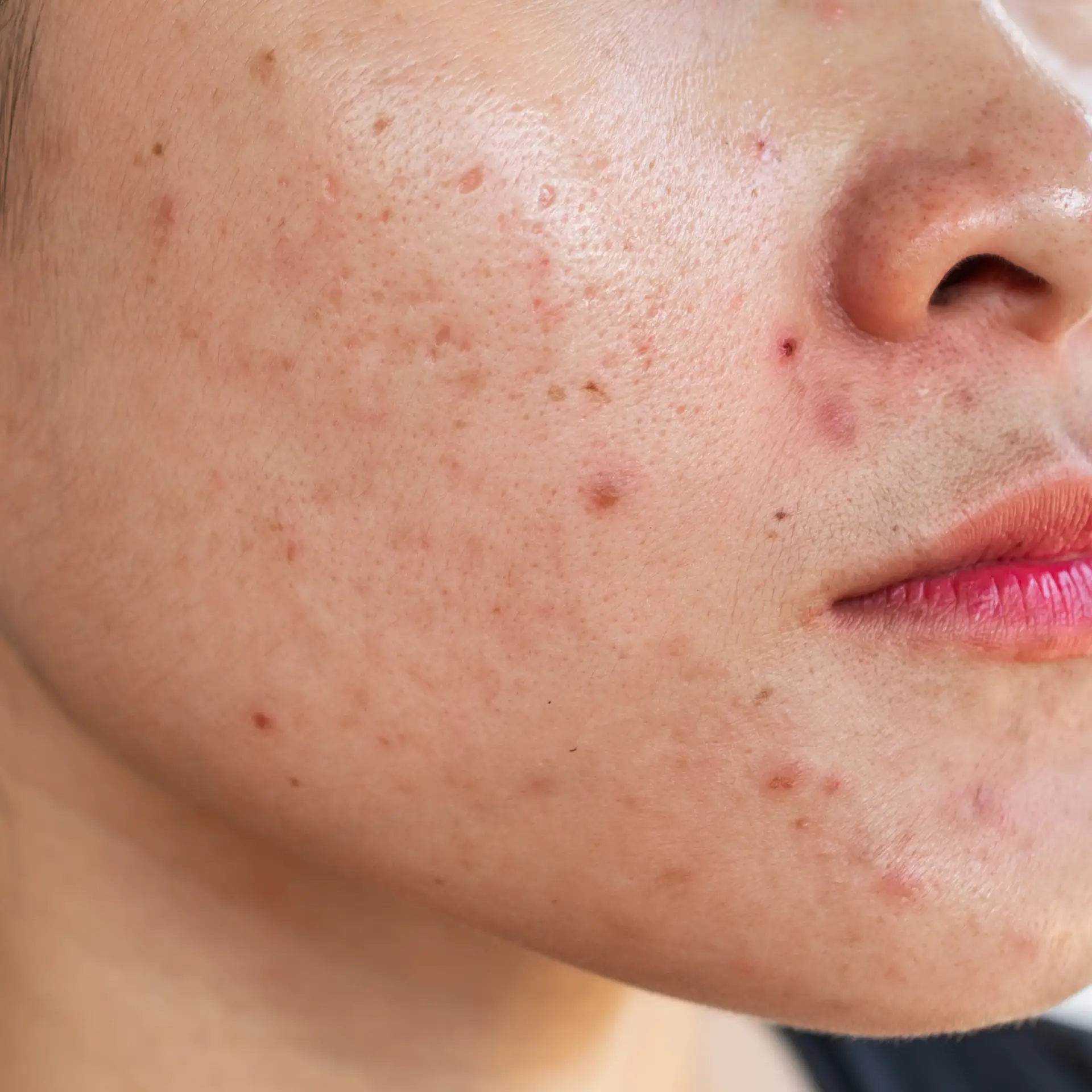 Close-up of facial acne and post-acne marks