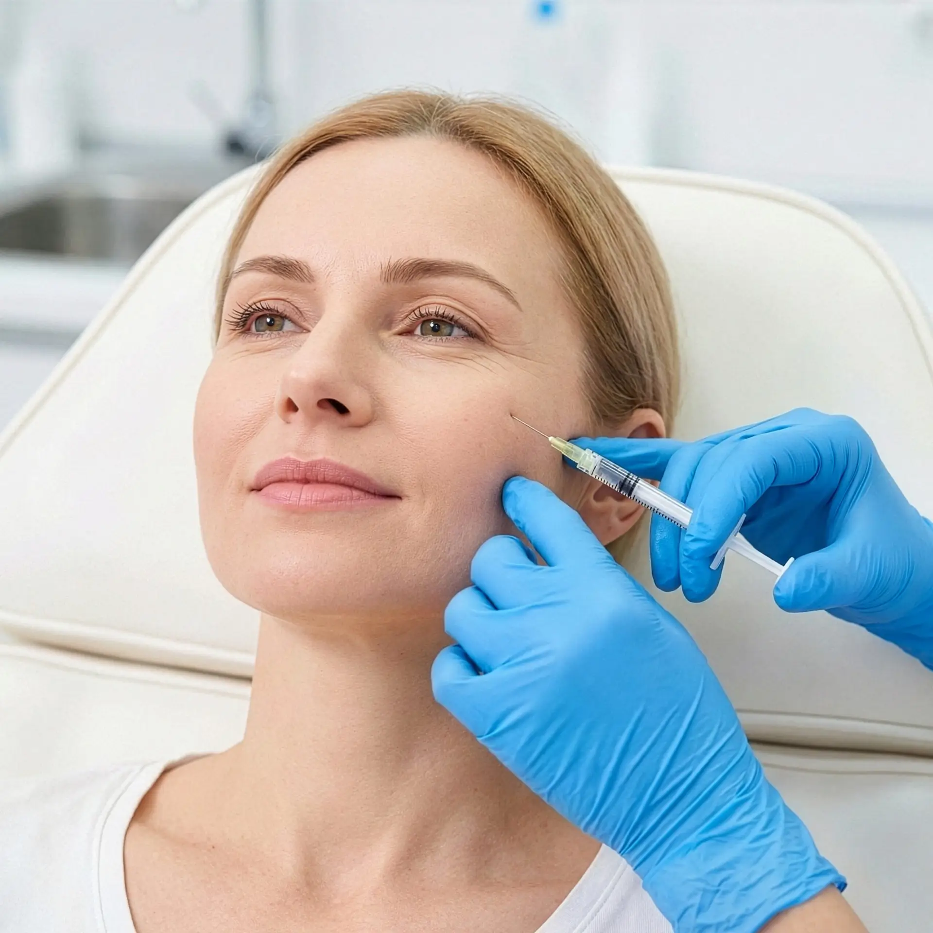 Patient receiving cosmetic cheek injection treatment